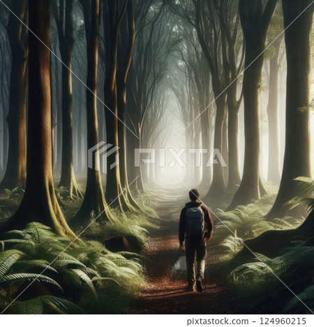 A lonely traveler in a dense forest in the morning fog. 124960215