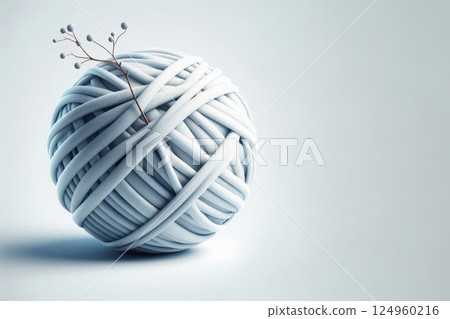 A white ball of thread with a dry twig. Space for text. 124960216