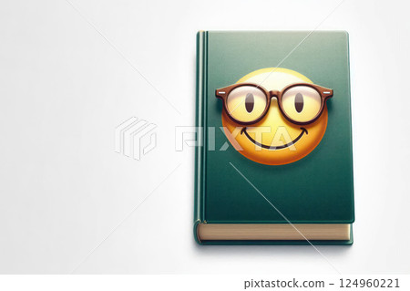 A book with glasses and a smiling smiley. Space for text. A book with glasses and a smiling smiley. Space for text. 124960221