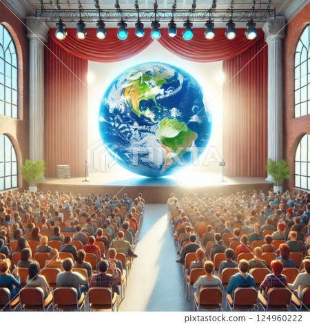 The audience in the theater looks at a huge globe on the stage. 124960222