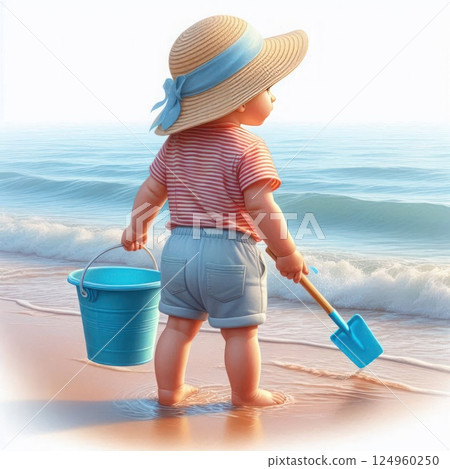 A child with a bucket and a shovel on the beach. 124960250