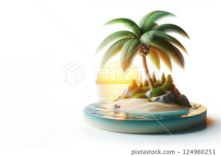 A miniature island with a palm tree and a sunset in a transparent stand. Space for text. 124960251