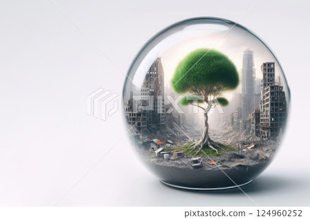 A tree of hope in a glass ball among the ruins. Space for text. 124960252