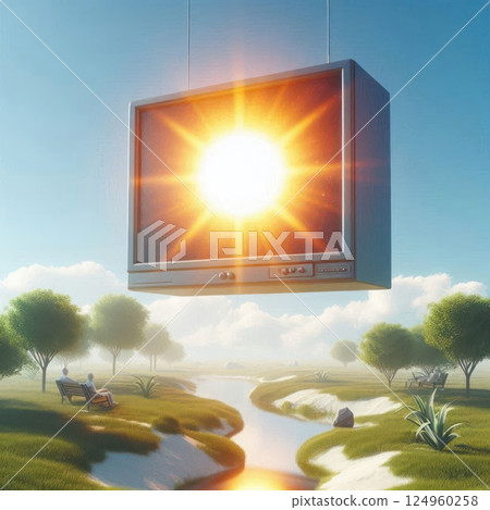 The sun inside the TV is shining over the countryside. The sun inside the TV is shining over the countryside. 124960258