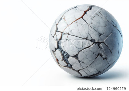 A cracked stone ball on a white background. Space for text. A cracked stone ball on a white background. Space for text. 124960259