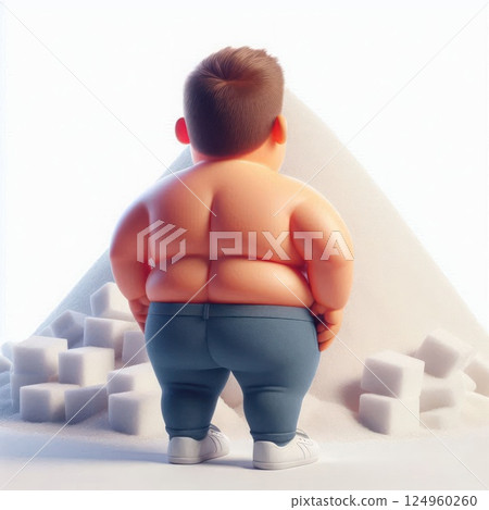 A fat boy stands in front of a mountain of sugar. Space for text. A fat boy stands in front of a mountain of sugar. Space for text. 124960260