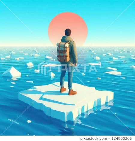A man on an ice floe looking at the sunset. 124960266