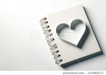 A white notebook with a heart cut out. Space for text. 124960271