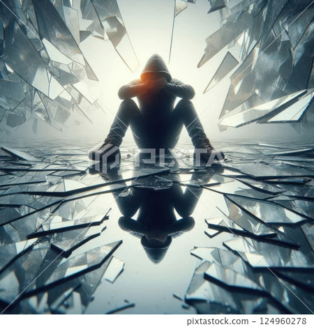A lonely man sits among the shards of broken glass. 124960278