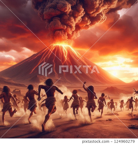 People run near an erupting volcano against the backdrop of a sunset. 124960279