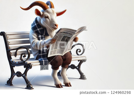 A goat in a scarf reads a newspaper on a bench. Space for text. A goat in a scarf reads a newspaper on a bench. Space for text. 124960298