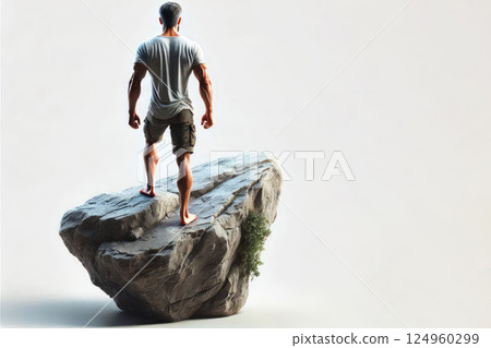 A man on top of a cliff, looking into the distance. Space for text. A man on top of a cliff, looking into the distance. Space for text. 124960299