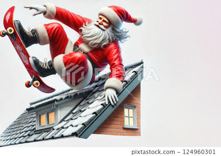 Santa Claus performs a trick on a skateboard over the roof of the house. Space for text. 124960301