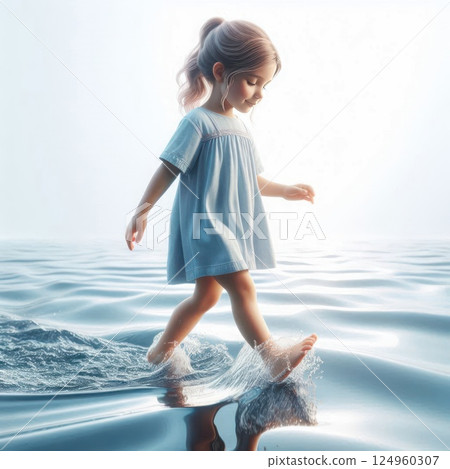 A little girl walks on water as if on dry land. A little girl walks on water as if on dry land. 124960307