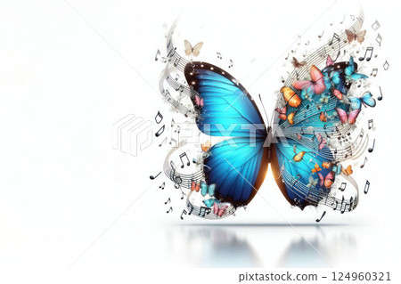 A large blue butterfly with notes and small butterflies. Space for text. A large blue butterfly with notes and small butterflies. Space for text. 124960321
