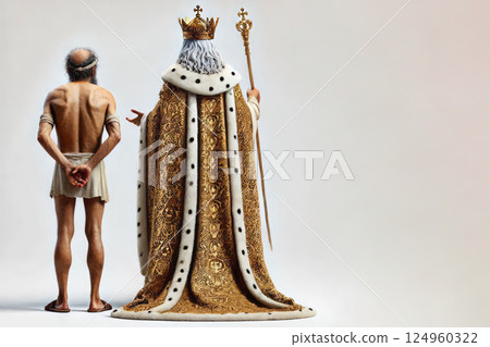 A king in a luxurious robe stands next to a poor man. Space for text. A king in a luxurious robe stands next to a poor man. Space for text. 124960322