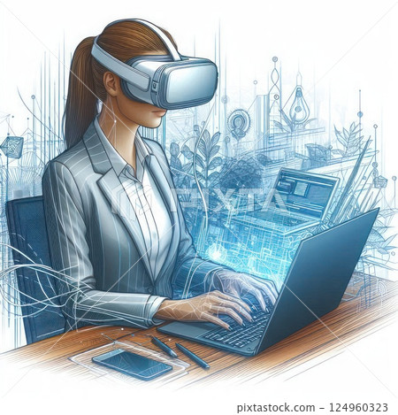 A woman in VR glasses is working on a laptop. A woman in VR glasses is working on a laptop. 124960323