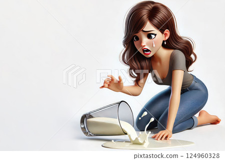 The girl spills a glass of milk on the floor. Space for text. The girl spills a glass of milk on the floor. Space for text. 124960328