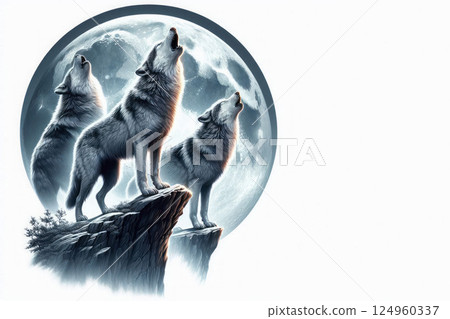 Three wolves howl at the full moon. Space for text. 124960337