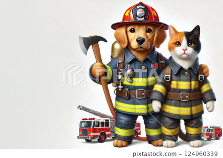 A puppy and a kitten in the uniform of firefighters. Space for text. 124960339