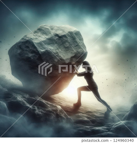 A woman pushes a huge rock up the slope. A woman pushes a huge rock up the slope. 124960340