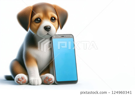A puppy with big eyes is sitting next to a mobile phone. Space for text. A puppy with big eyes is sitting next to a mobile phone. Space for text. 124960341