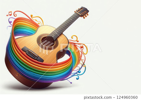 An acoustic guitar surrounded by a rainbow of sounds. Space for text. 124960360
