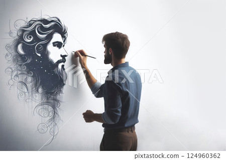 The artist draws a portrait of a man on the wall. Space for text. The artist draws a portrait of a man on the wall. Space for text. 124960362