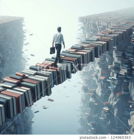 A man walks across a bridge of books over an abyss. A man walks across a bridge of books over an abyss. 124960363