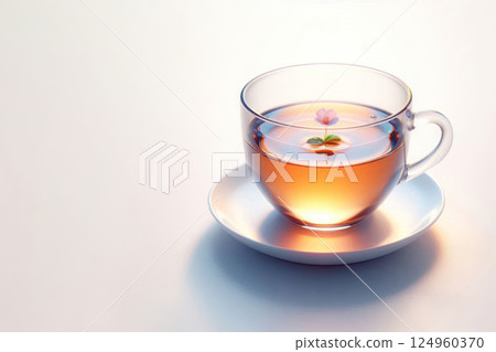 A cup of tea with a floating flower. Space for text. A cup of tea with a floating flower. Space for text. 124960370