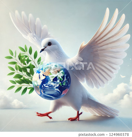 A dove with a globe and an olive branch in the clouds. 124960378