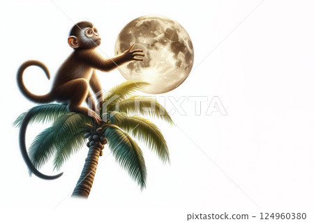A monkey on a palm tree reaches for the moon. Space for text. 124960380