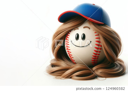A baseball with a face, hair and a cap. Space for text. 124960382
