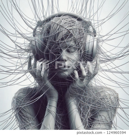 A woman in headphones, surrounded by wires. 124960394