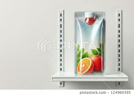 Juice packaging on a metal shelf. Space for text. 124960395