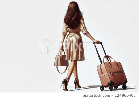 A woman with a suitcase goes into the distance. Space for text. 124960403