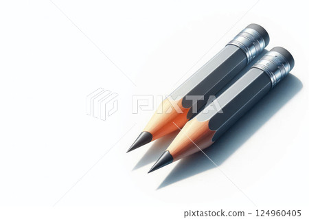 Two perfectly sharpened pencils lie side by side on a light background. Space for text. Two perfectly sharpened pencils lie side by side on a light background. Space for text. 124960405