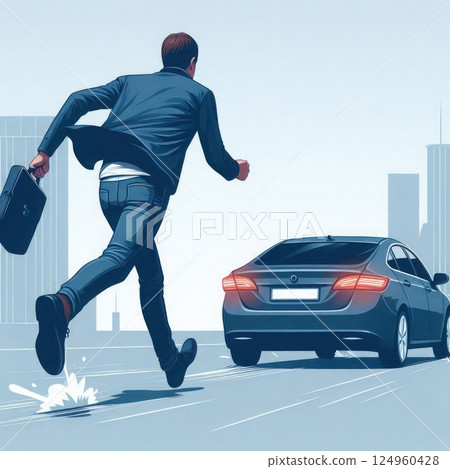 A man, who is late, runs after a car with a briefcase. 124960428