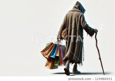 A homeless man with a stick and bags. Space for text. 124960431