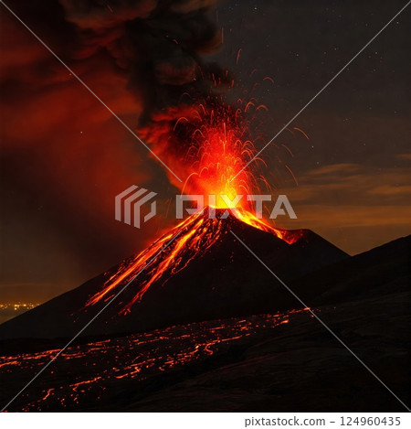 Volcanic eruption at night with lava flows. 124960435