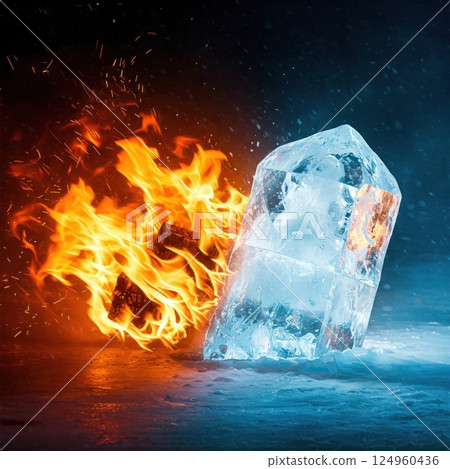 Collision of fire and ice on a frosty surface. 124960436