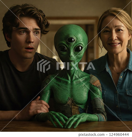The alien is sitting at a table with people and smiling. 124960444
