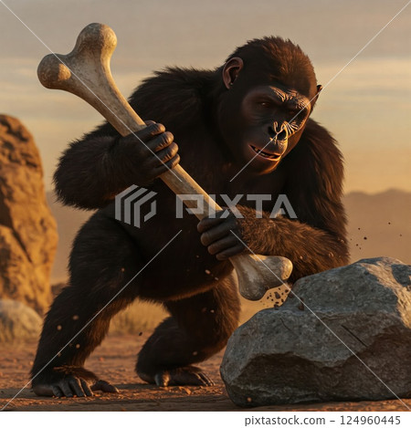 A monkey breaks a stone with a large bone at sunset. A monkey breaks a stone with a large bone at sunset. 124960445