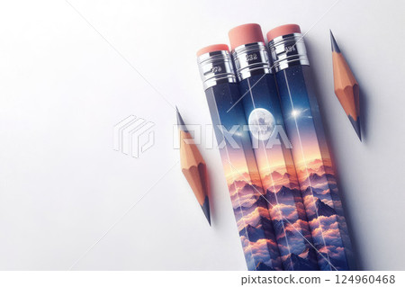 Pencils with a landscape of the starry sky and moon. Space for text. Pencils with a landscape of the starry sky and moon. Space for text. 124960468