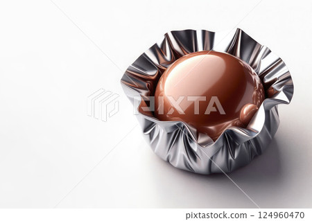 Chocolate candy in a silver wrapper. Space for text. 124960470