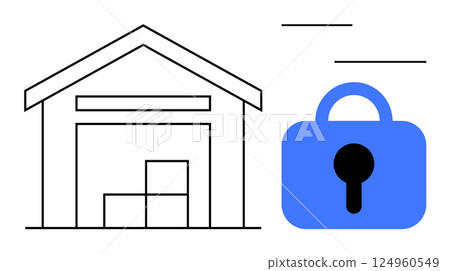 A warehouse with stacked boxes next to a prominent blue lock symbol, signifying secure storage. Ideal for storage, security, logistics, warehousing, and protection themes. Simple line art style A warehouse with stacked boxes next to a prominent blue lock symbol, signifying secure storage. Ideal for storage, security, logistics, warehousing, and protection themes. Simple line art style 124960549
