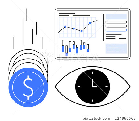 Coins with dollar symbols, an eye with a clock, and an analytics board with graphs and bar charts. Ideal for finance, investment, analytics, time management, budgeting, business strategy, economic 124960563