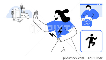 Woman running away from unhealthy food items like milk carton, cheese, fish, and wheat towards a cashback offer webpage, with an exercise icon suggesting health and fitness. Ideal for healthy 124960585
