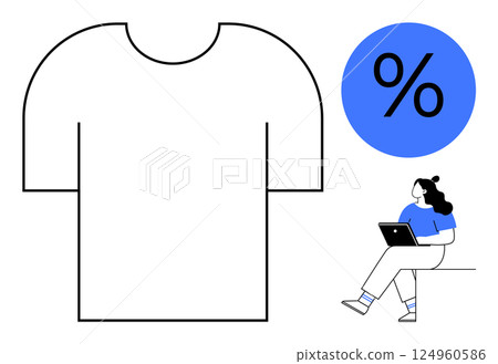 Woman with laptop seated browsing, large outlined T-shirt, and blue percentage symbol. Ideal for online shopping, discount sales, e-commerce, fashion deals, promotions, digital marketing, customer 124960586
