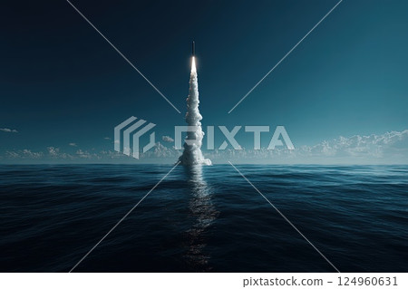 Nuclear war. Launch of a nuclear ballistic intercontinental missile from submarine. A nuclear ballistic missile emerges from the submarine, representing the threat of total destruction. 124960631